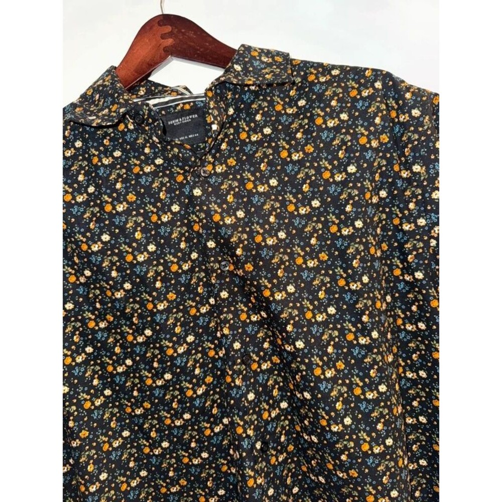 Men’s Denim & Flower Short Sleeve Floral Button Down-Size XL